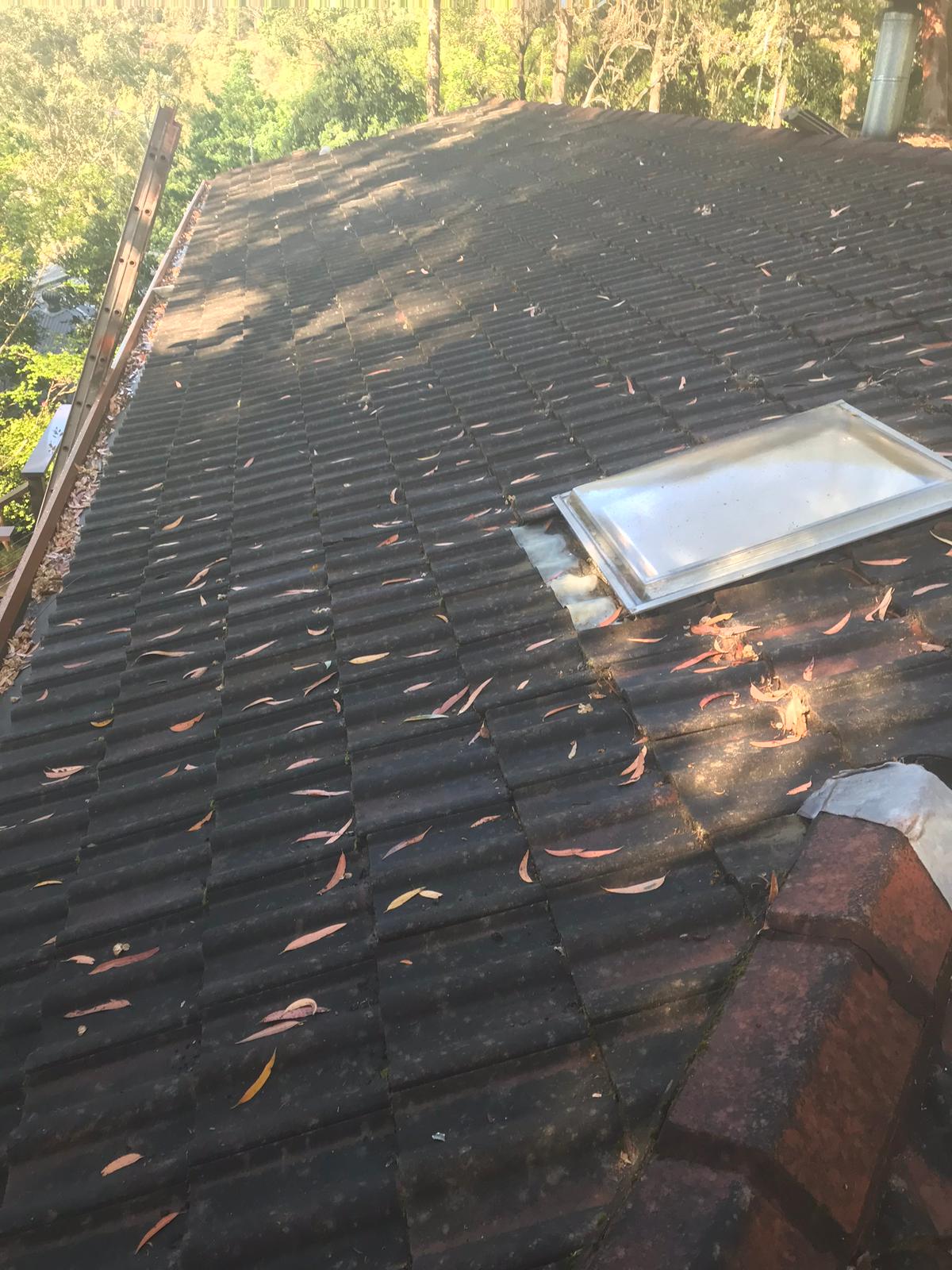 Aged tile roof with debris before restoration
