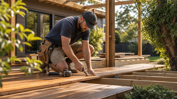 Master carpenter crafting hardwood timber deck