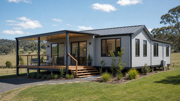 Contemporary modular home exterior on rural Australian property